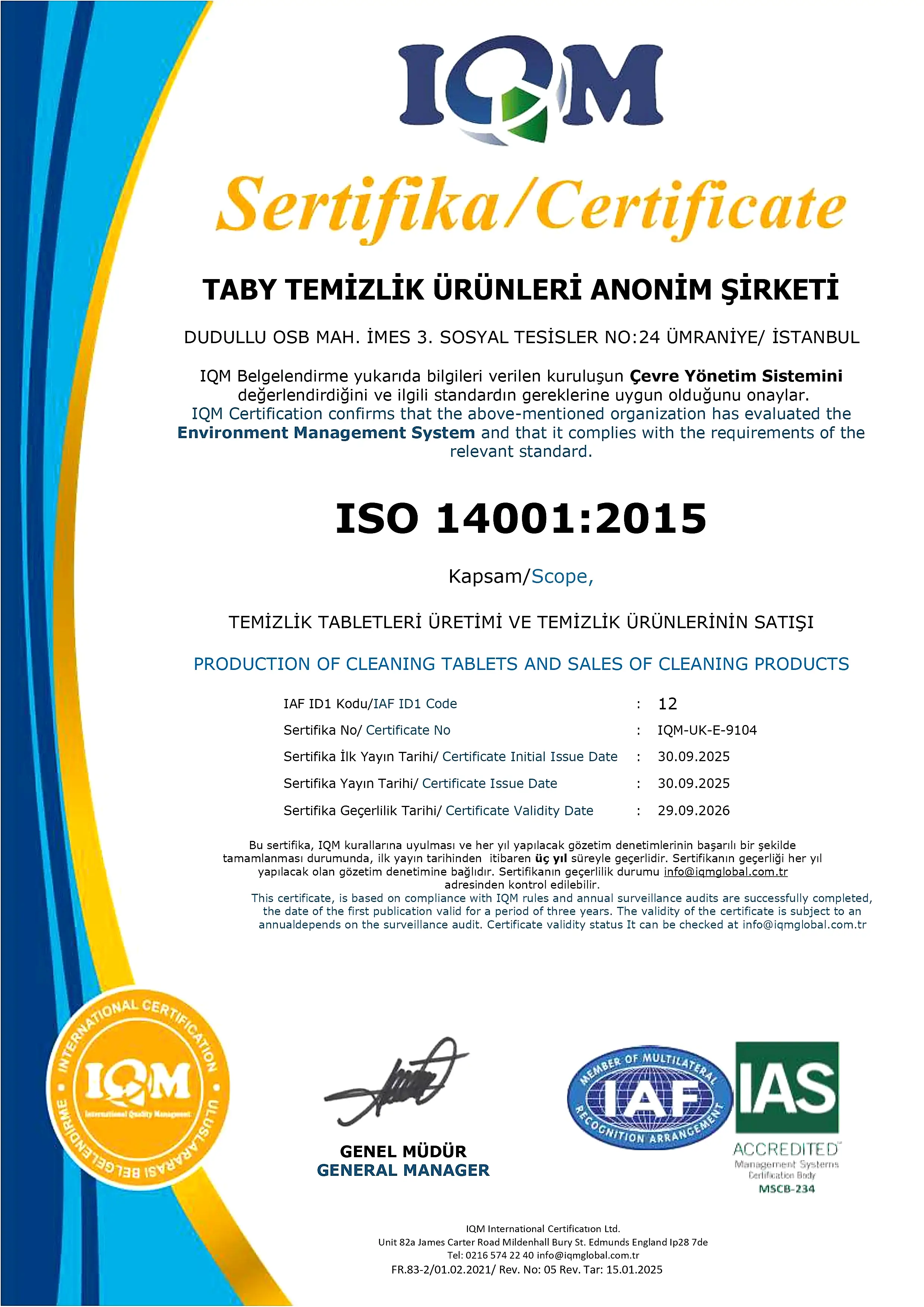 ISO 14001 IAS Sertifikası - Kapak
