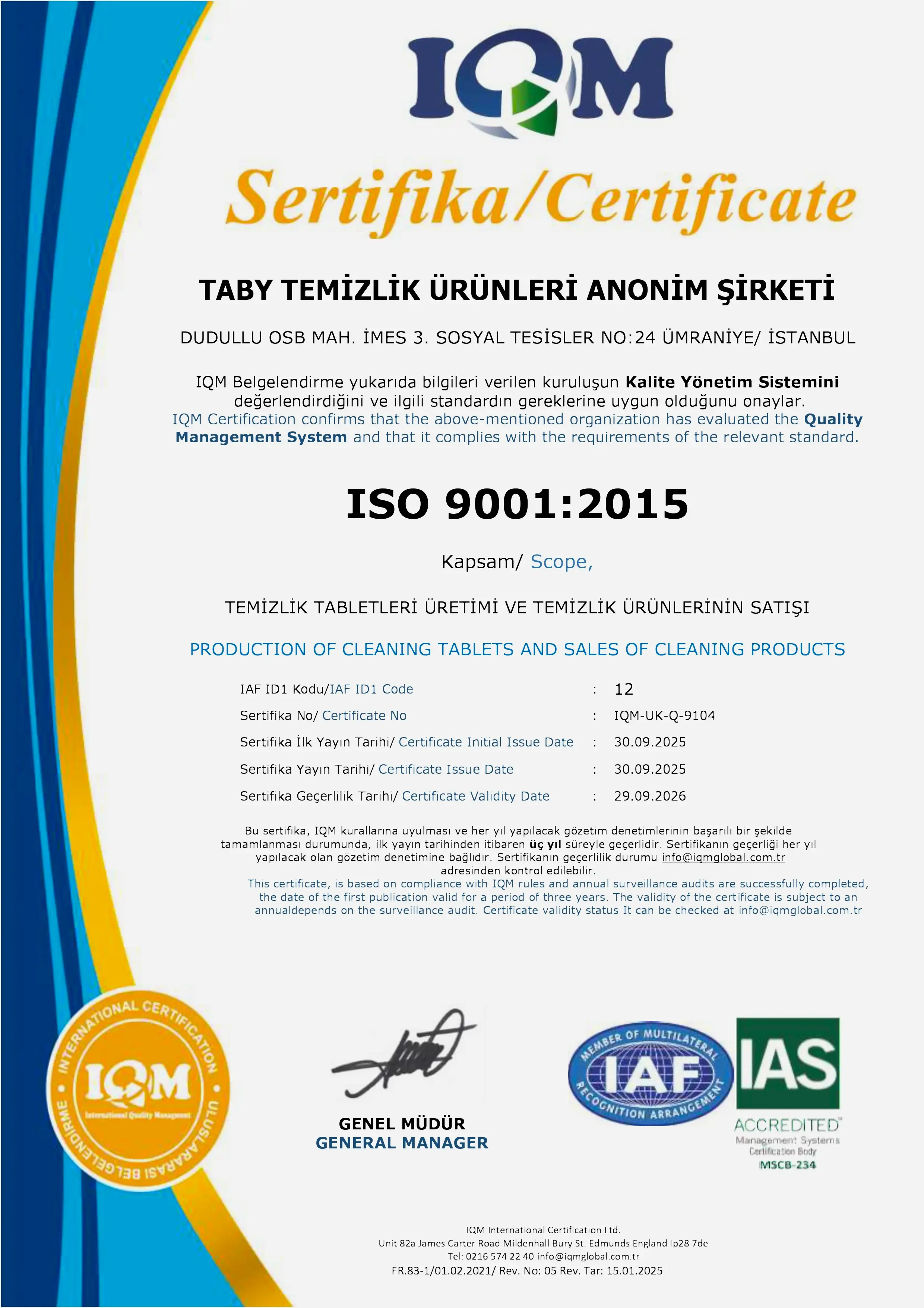 ISO 9001 IAS Sertifikası - Kapak